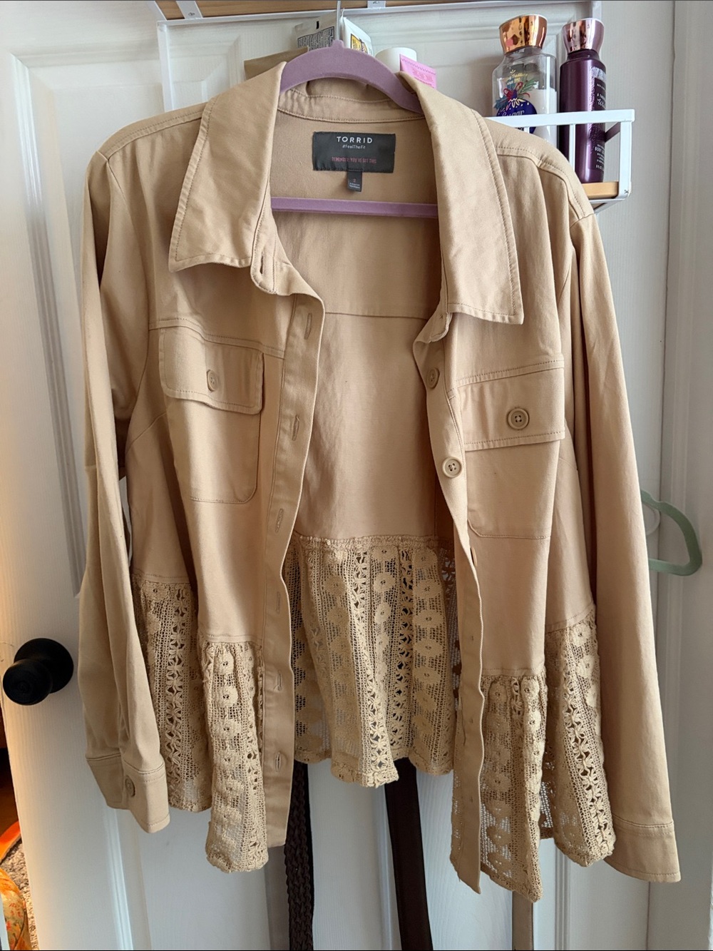 Torrid Beige Crochet-Hem peplum Utility Jacket size 2